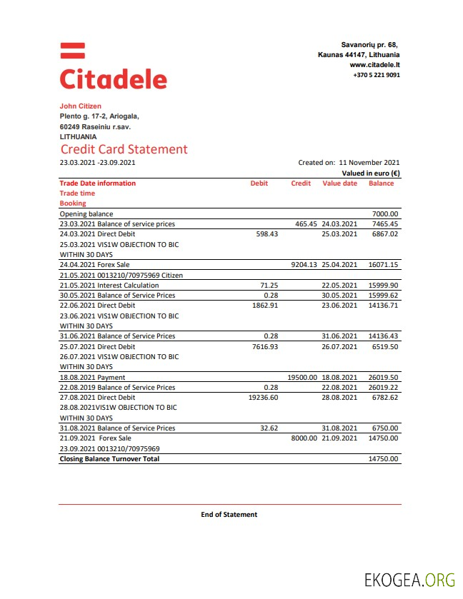 Lituanie (Litva) Modèle de relevé de carte de crédit bancaire Citadele au format Excel et PDF